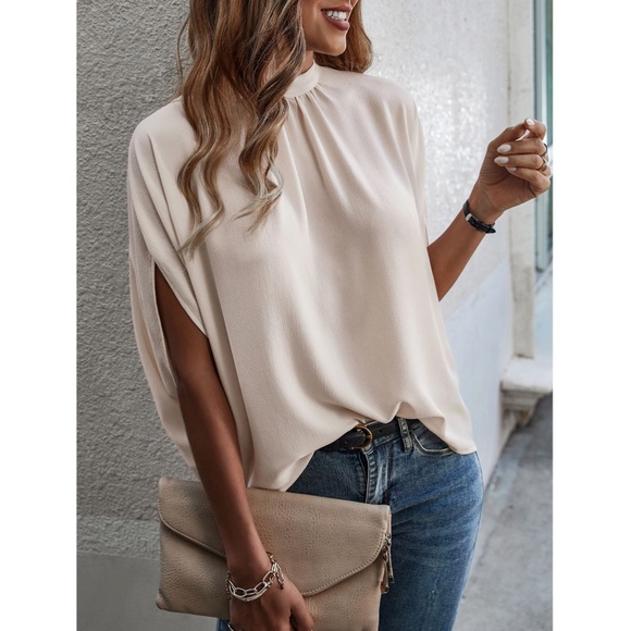 Beige Blouse Top Flowy, High Neck - Picture 1 of 10